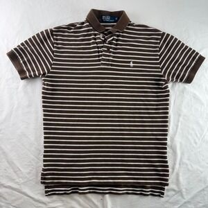 VTG Polo By Ralph Lauren Brown White Striped Cotton Polo Short Sleeve Mens M